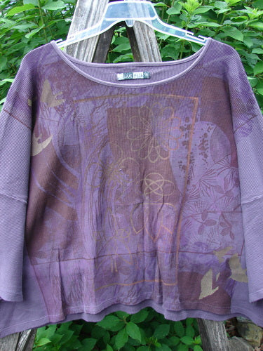 Barclay Thermal Boxy Crop Top Spiro Floral Dusty Plum OSFA featuring a spirograph floral pattern, scooped neckline, and three-quarter sleeves, embodying Bluefishfinder.com's vintage, expressive style.