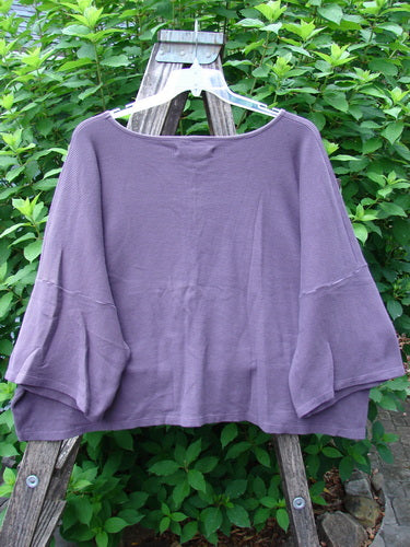 Barclay Thermal Boxy Crop Top Spiro Floral Dusty Plum OSFA displayed on a wooden ladder, showcasing its rounded neckline, three-quarter sleeves, and spirograph floral pattern, emphasizing its unique, vintage-inspired design.