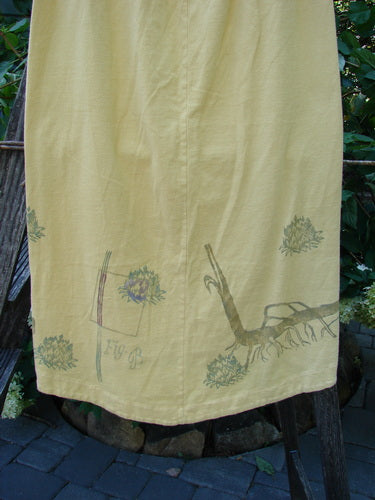 1998 Botanicals Corolla Skirt Digitalis Sundial Size 0, featuring a detailed botanical drawing, full drawstring waist, upward curved front, and a longer rounded back in mid-weight organic cotton.