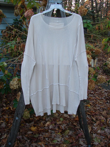 Barclay Cotton Mesh Exterior Stitch Sectional Overtop Unpainted Pink Cloud Size 2 displayed on a swinger, featuring super long sleeves, exterior stitchery, sectional panels, and a varying hemline with drop shoulders.