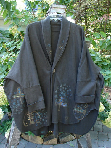 1996 Reprocessed Phoenician Jacket Abstract Travel Obsidian OSFA featuring a dragonfly design, oversized button, deep V neckline, dolman sleeves, and side pockets, showcasing vintage Blue Fish creativity and individuality.