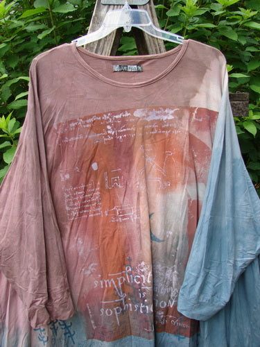 Barclay Art Tee Da Vinci Moon Mottled River OSFA, showcasing a tunic length with drop shoulders, loose three-quarter sleeves, a rounded neckline, and a varying hemline, embodying artistic elegance.