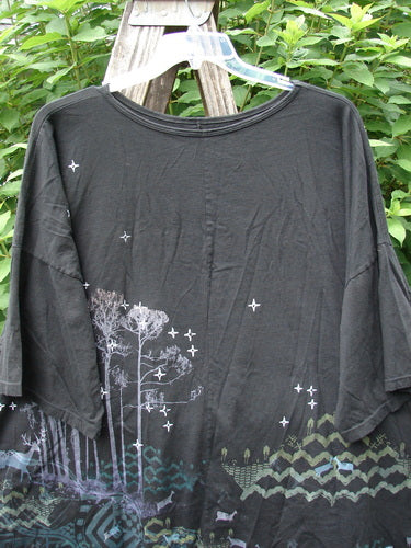 Barclay Center Seam Wide Line Tee Tree Moon Star Black OSFA features a white design with a tree and moon, rounded neckline, drop shoulders, and boxy shape, reflecting BlueFishFinder's creative, vintage style.