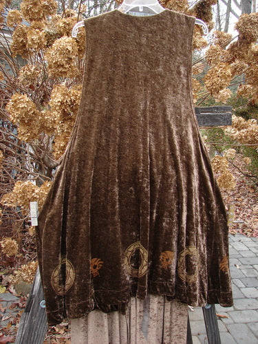 1997 Velvet Sanskrit Cosmos Duo Mandorla OSFA Size 2: A brown velvet dress with gold designs, part of the Winter Holiday Collection.