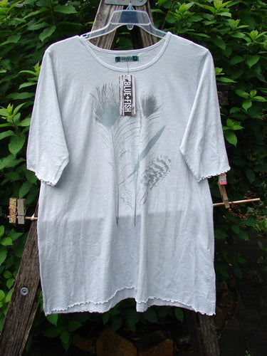 Barclay NWT Slub Simple A Line Tee Feather Dew Size 2 on clothes rack; features rounded neckline, slight A-line flare, three-quarter sleeves, curly edges, feather design.