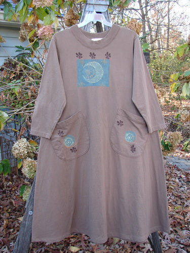 1997 Persian Dress Celtic Moon Mandorla Altered Size 0 features a full A-line shape with moon-themed design, offset painted pockets, ribbed neckline, and drawcord back, showcasing vintage Blue Fish Clothing style.