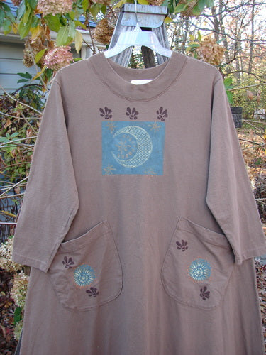 1997 Persian Dress Celtic Moon Mandorla Altered Size 0 featuring a moon design with flowers, two painted front pockets, and a ribbed neckline, showcasing vintage Blue Fish Clothing's creative expression.
