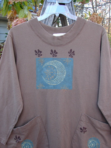 1997 Persian Dress Celtic Moon Mandorla Altered Size 0 features a moon and stars theme, offset painted front pockets, and a ribbed neckline, reflecting vintage Blue Fish Clothing's creative style.