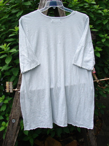 Barclay NWT Slub Simple A Line Tee Feather Dew Size 2 on a hanger, showcasing its lightweight organic cotton fabric, three-quarter sleeves, and rounded neckline with curly edgings, embodying BlueFishFinder's unique vintage style.