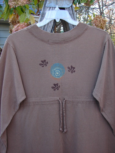 1997 Persian Dress Celtic Moon Mandorla Altered Size 0 features a mid-length A-line shape with a blue circular design and two painted front pockets, showcasing a unique Celtic moon theme.