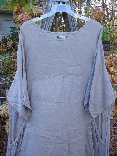 Barclay Linen Urchin Pocket Dress Unpainted Sand Size 2 displayed on a clothes rack, showcasing its lightweight, short-sleeved design, ideal for expressing individuality with a vintage Blue Fish style.