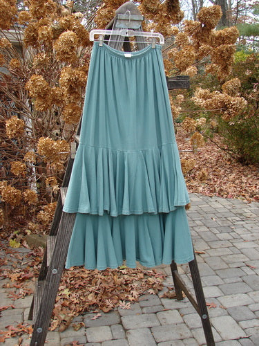 1993 Two Story Skirt Unpainted Teal Size 2, featuring a full elastic waistline and two flouncy cotton tiers, displayed on a wooden ladder outdoors.