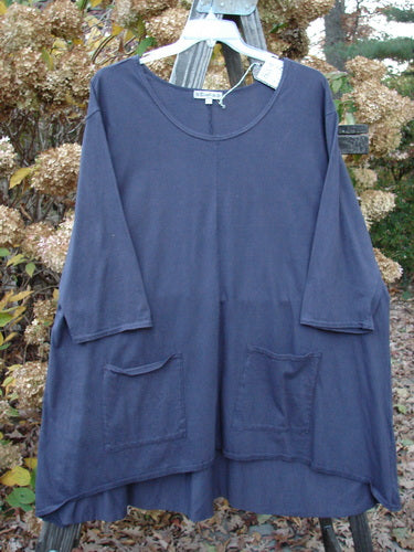Barclay NWT Hi Low Pocket Tunic Top Unpainted Ink Size 2 shown on a hanger, featuring a soft neckline, varying hemline, A-line shape, and double front pockets.