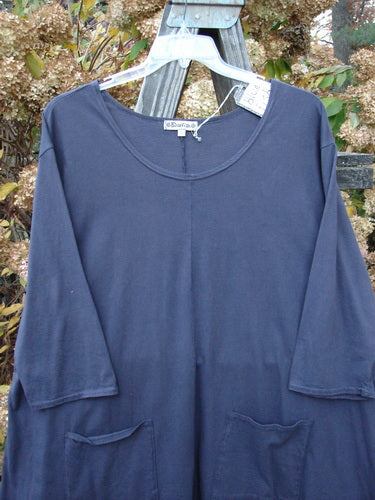 Barclay NWT Hi Low Pocket Tunic Top Unpainted Ink Size 2 displayed on a plastic hanger, featuring a rounded neckline, varying hemline, A-line shape, and three-quarter length sleeves with double lower exterior front pockets.
