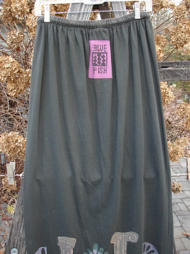 1993 Drawcord Skirt Column Black Sand Size 2, featuring a pink logo, full elastic and rope waistline, and a slight bottom flare. Perfect condition from Bluefishfinder.com's vintage collection.