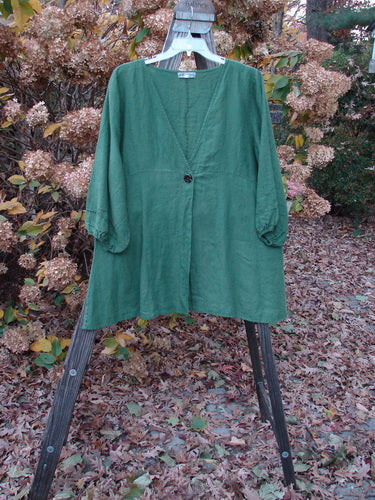 Barclay Linen Deep V Single Button Cardigan Unpainted Jade Size 2 displayed on a swinger, featuring a deep V neckline, single button closure, empire waist seam, and billowy three-quarter sleeves with elastic edges.