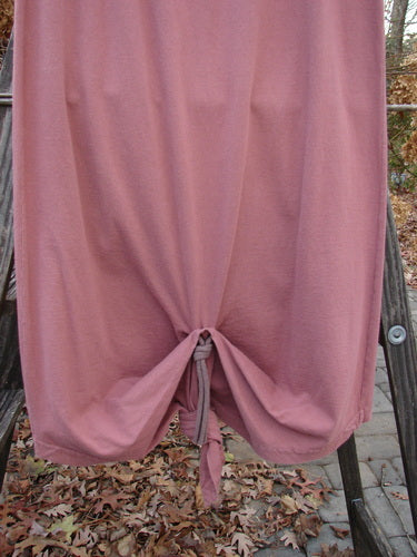 1994 Gather Skirt Unpainted Gourd Size 1: Pink fabric tied to a rope, a pink curtain with a knot, and a close-up of leaves on the ground.