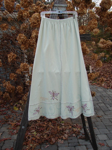 1998 Botanicals Sparrow Skirt Garden Bug Grasshopper Size 1, featuring butterfly embroidery, full elastic waistline, vertical stitchery, horizontal panels, and wide A-line flare in mid-weight organic cotton.