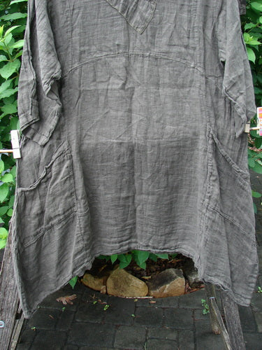 Barclay NWT Linen Cross Over Urchin Pocket Dress Unpainted Earth Size 1 featuring a smart V neckline, drop shoulders, and double side pockets, hanging on a clothesline against a textured stone wall backdrop.