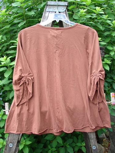 Barclay NWT Draw Gather Sleeve Cafe Top Moon Tree Sedona Size 0 on a hanger, showcasing its rounded neckline, swinging A-line shape, and dynamite moon tree theme, emphasizing its cozy wide sleeves.