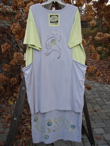 1997 Tunic Dress Curly Garden Dawn Mellon Size 1 displayed on a rack, featuring a longer straighter shape with a shallow rounded neckline and curly garden theme paint.