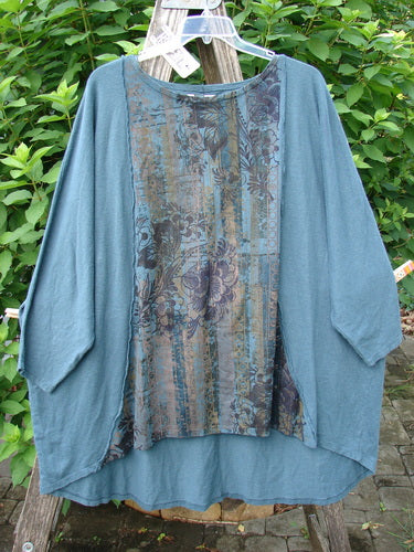 Barclay NWT Cotton Hemp Exterior Stitch Hi Low Tunic Botanical Hypnea Teal OSFA, featuring dolman sleeves, curvy stitchery, and a high-low hemline, showcasing a continuous botanical theme.