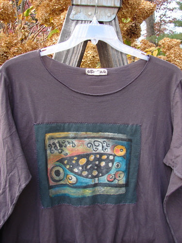 Barclay PMU Patched Batiste Long Sleeved A Line Tee Love Dove Brum Size 2, featuring a colorful dove patch on the front, round neckline, and raw rolled edgings.