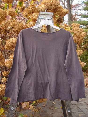 Barclay PMU Patched Batiste Long Sleeved A Line Tee Love Dove Brum Size 2 displayed on a metal swinger, showcasing longer sleeves, rounded neckline, and raw rolled edgings with a central love dove patch.