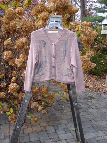 1995 Crop Cardigan Sweater Fish Space Twilight Rose Mélange OSFA draped on a wooden ladder, showcasing its unique fish and space theme design with original ceramic buttons and super long cozy sleeves.