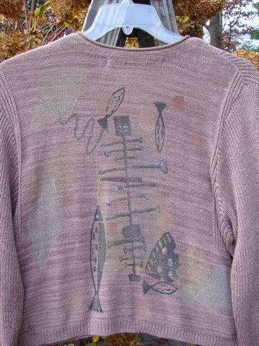 1995 Crop Cardigan Sweater Fish Space Twilight Rose Mélange OSFA, featuring ceramic buttons, variegated yarn textures, fish and space design, rolled neckline, and long sleeves.