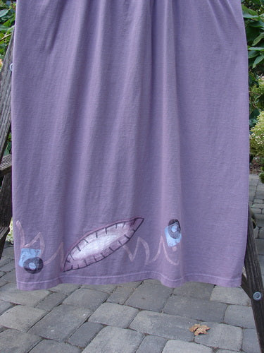 1996 Souvenir Jumper Turn Path Petunia Size OSFA displayed on a wooden ladder, featuring criss-cross back, thick straps, and a painted bib with an abstract path design.