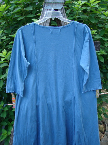 Barclay NWT Wildflower Tunic Garden Blend Blue Bird Size 0 displayed hanging outdoors, showcasing its unique dippy sides, three-quarter sleeves with lettuce edges, and exterior drop front pockets.