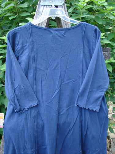 Barclay NWT Wildflower Tunic Star Pathway Dark Sky Size 0 displayed on a hanger, highlighting its unique flutter hemline, rolled seams, and three-quarter sleeves, exemplifying BlueFishFinder's vintage, artistic clothing style.