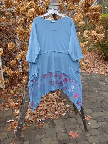 Barclay NWT Raw Seam Vector Dress Flower Power Whistler Blue Size 2 on a rack, showcasing its floral print, raw edges, and A-line shape with exterior drop front pockets.