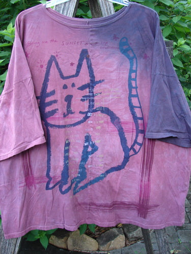 Barclay Center Seam Wide Line Tee Kitty Kitty Date Mottled Rose Berry OSFA, featuring a cat design, rounded ribbed neckline, drop shoulders, and boxy shape, reflecting Bluefishfinder.com's vintage, expressive style.