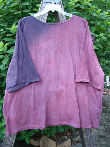 Barclay Center Seam Wide Line Tee Kitty Kitty Date Mottled Rose Berry OSFA displayed on a wooden pole, showcasing its boxy shape, drop shoulders, and vertical center seam, epitomizing Bluefishfinder.com's unique vintage style.