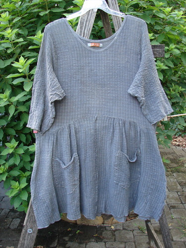 Barclay Crinkle Gauze Two Pocket Dolly Dress Mottled Slate Size 1 on clothes rack, showcasing flouncy dual-pocketed skirt, three-quarter sleeves, and rolled vertical seam, embodying BlueFishFinder's vintage, creative fashion ethos.