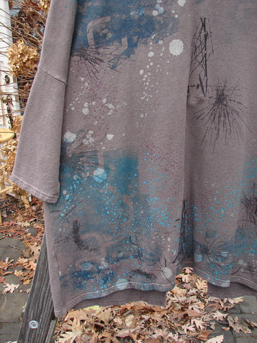 Barclay Hemp Cotton Open Front Hooded Cloak Twig Stone OSFA, featuring twig-themed blue paint on the back, cozy hood, dolman sleeves, and kangaroo pockets, perfect for mixing and matching.