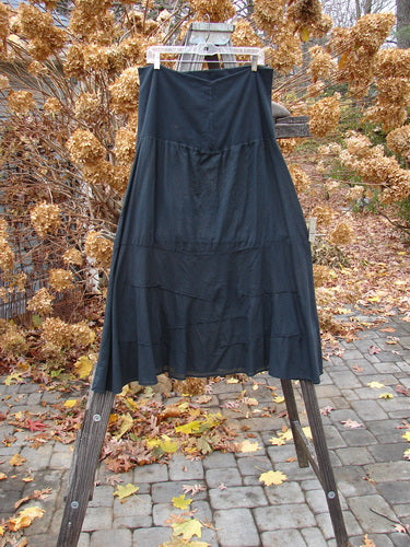 Barclay Batiste Fold Over Wave Layer Skirt Unpainted Black Size 2 on a clothes rack, featuring a full paneled waistline, varying hemline with horizontal pinched waves, and large lower sweep.