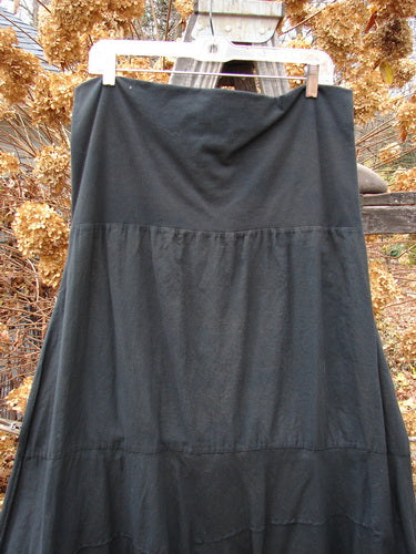 Barclay Batiste Fold Over Wave Layer Skirt Unpainted Black Size 2: A black skirt with a paneled waistline and varying hemline, hanging on a clothesline.