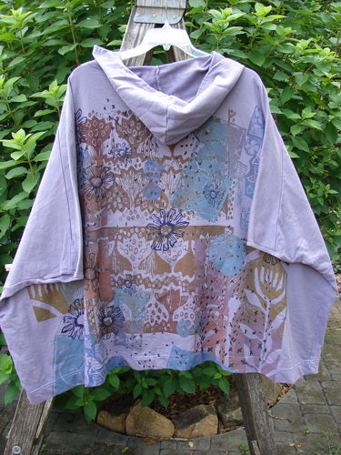 Barclay NWT Hooded Postcard Zipper Jacket Vest Rear Daisy Violet OSFA features a cozy hood, full zipper, dolman shoulders, sweeping hemline, and distinctive rear daisy paint, embodying BlueFishFinder's creative, vintage style.