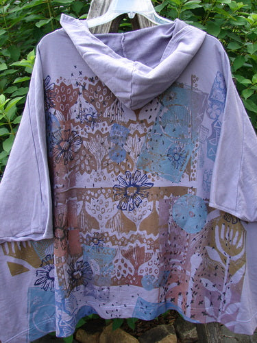 Barclay NWT Hooded Postcard Zipper Jacket Vest Rear Daisy Violet OSFA, featuring a cozy hood, full zipper front, dolman shoulders, and significant rear daisy pattern, on a heavy organic cotton fabric.