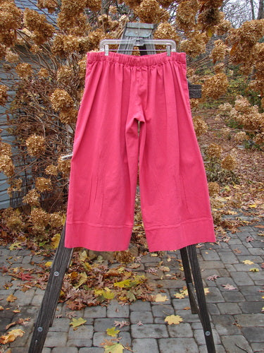 Barclay Heavy Weight Denim Crop Tool Pant Unpainted Tulip Size 2 displayed on a wooden stand, showcasing the elastic waistline, vertical pinched lower accents, and thickly banded lowers.