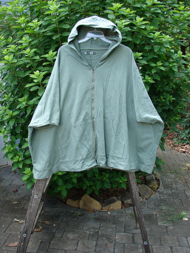 Barclay Hooded Postcard Zipper Jacket Vest features a generous hood, dolman shoulders, and a unique rear garden trellis design. It offers a sweeping hemline and roomy pockets, embodying Bluefishfinder's creative vintage style.