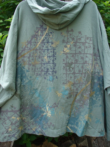 Barclay Hooded Postcard Zipper Jacket Vest Rear Garden Trellis Sage OSFA features a cozy hood, full zipper, roomy pockets, dolman shoulders, and a unique trellis pattern, embodying Bluefishfinder's vintage aesthetic.