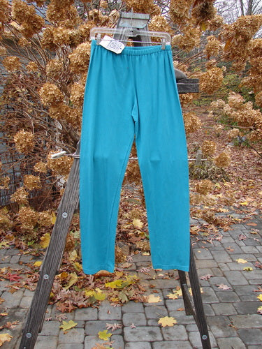 Barclay NWT Cotton Lycra Relaxed Legging Unpainted Dusty Aqua Size 2 displayed on a wooden rack, highlighting its relaxed fit and longer leg, perfect for casual wear.