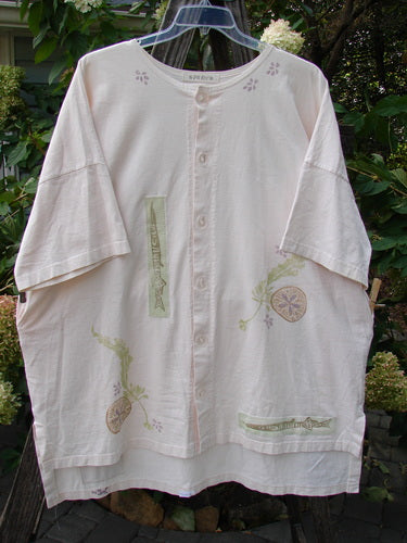 1997 PMU Patched Island Beach Jacket Alligator Powder OSFA: White shirt with floral design, sea life theme paint, oversized buttons, two alligator patches, and varying hemline.