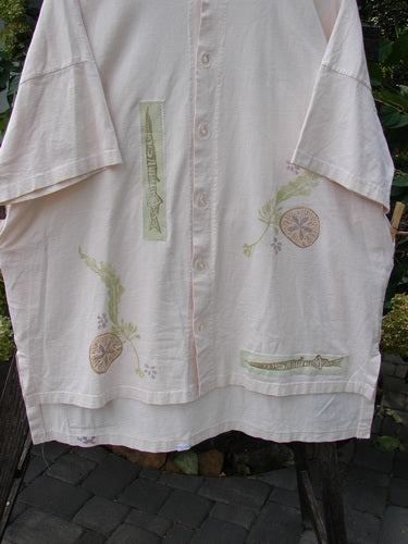 1997 PMU Patched Island Beach Jacket Alligator Powder OSFA featuring sea life theme paint, two alligator patches, oversized buttons, and a varying hemline for Bluefishfinder.com.