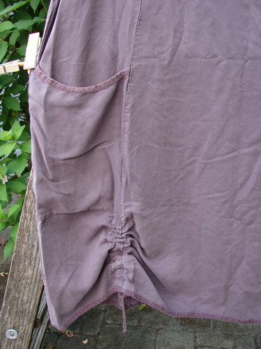 Barclay NWT Lyocell Joyous Jumper Unpainted Fig Size 0 featuring a sweeping A-line shape, vertical seams, deep arm openings, and double front pockets. Perfect for versatile matching with other pieces.