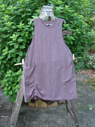 Barclay NWT Lyocell Joyous Jumper Unpainted Fig Size 0 features a sweeping A-line shape, deep arm openings, and double drop front pockets, hanging outdoors on a clothes rack.